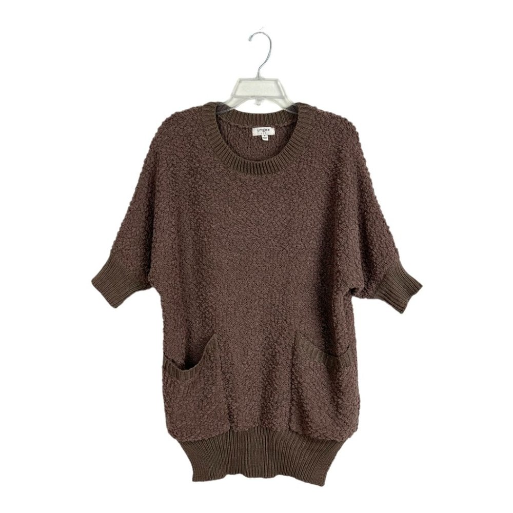 Umgee popcorn pullover tunic cozy sweater Sz M Brown 3/4 sleeve pockets Boho